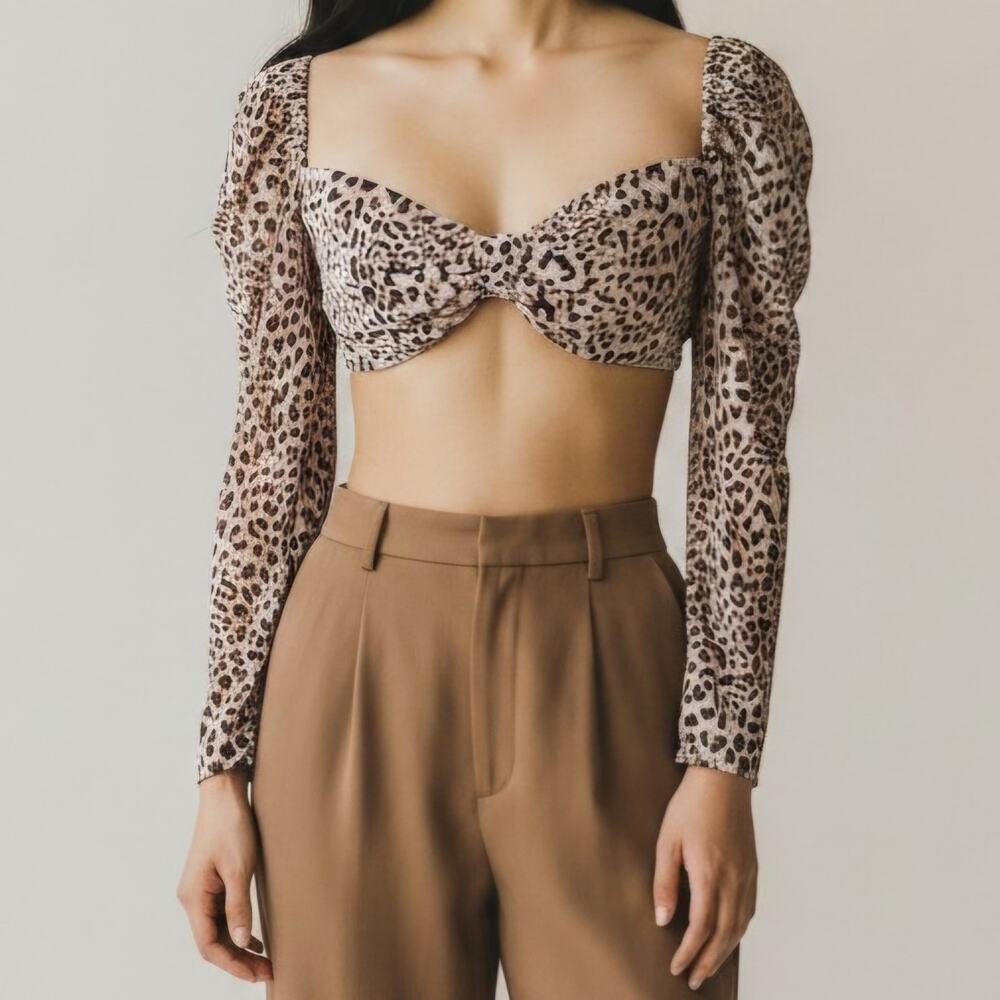 Naked Wardrobe Leopard Print Velvet Puff Sleeve Cropped Top Women's Size M NWOTF